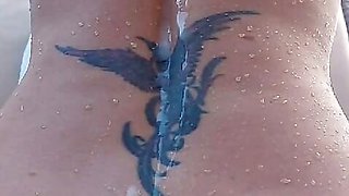 Slow motion cumshot by the pool