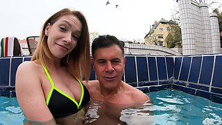 A nice couple has fun by the pool with a vibrator, showcasing sata’s tight ass.