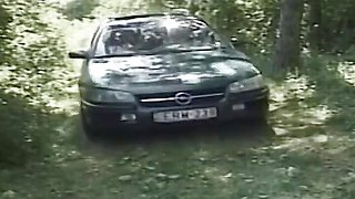 Hairy pussy fucking in the forest on the car