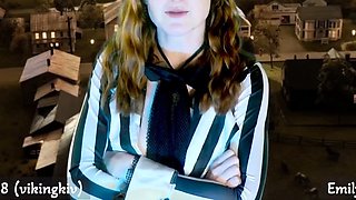 Amateur redhead Jacqueline with glasses masturbates