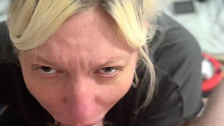 POV Blonde MILF Gives Teasing Blowjob Inside a Transparent Cock Sleeve