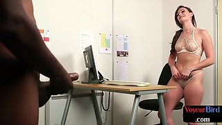 British femdom voyeur teases black idiot in the office until he cums