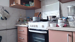 Sexy Naked Wife Preparing Food in the Kitchen. Hairy Brunette, Big Ass, Big Tits.