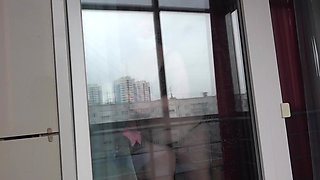 He caught the mature neighbor washing the window and undressing. Chubby MILF with fat ass, big tits, hairy pussy. BBW. PAWG.