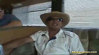 Horny chick is getting booty-fucked by a gang of guys in the middle of the day