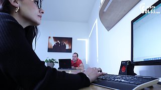 Office Foot Worship with Sexy Anita's Pantyhose and High Heels