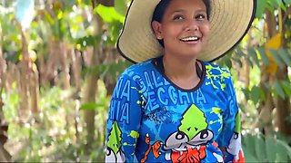Cute peasant Latina chick is getting facialized in the jungle