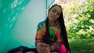 Brunette Hippie Jerks Me Off for Free in a Tent