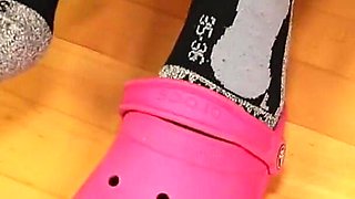 Sock Removal & Clog Shoeplay Under the Desk - Grey Leggings, Pink Clogs & Nylons