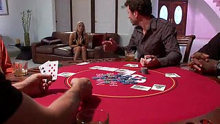 Blonde Bitch Gets Punished For Nagging These Guys While They Play Poker