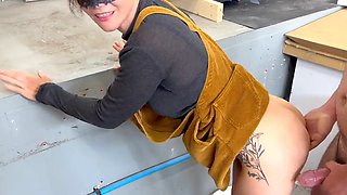 Lucky stranger had to fuck little hotwife in warehouse, fucking doggy with cum in mouth