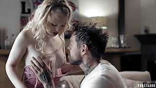 Nice blonde enjoys forbidden sex with one kinky tattooed man