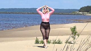 Funny MILF with Nylon Ass and Tits on Beach