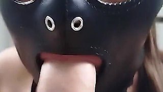 Petty BDSM Slut Sucking Cock Deepthroat Slapping and Spitting Her Face with Slave Leather Mask