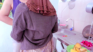 Budhe cooking harassed by naughty stepbrother
