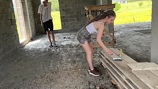 Slutty chick gets her mouth and pussy pounded by her bf and his stepdad