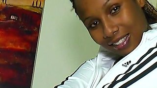 Sexy ebony shows off her pussy as she masturbates it eagerly