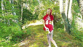 Little Red Riding Hood Masturbates Her Pussy Outdoors and Makes Herself Squirt