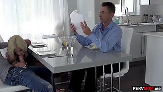 Thin stepmom eating cock during breakfast in front of stepfather