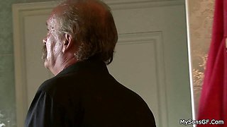 Horny old granpa licks and fucks her young pussy