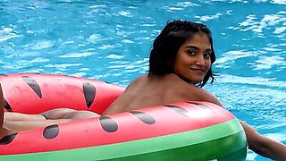 Bombastic all natural Indian Angel Constance stripping by the pool outdoor