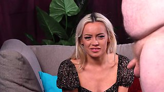 Nesty blonde babe giving HJ to smalldick
