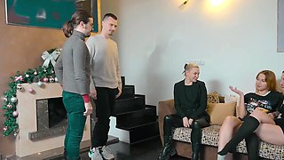 Teasing husband by sucking off and getting spitroasted by friend's husbands