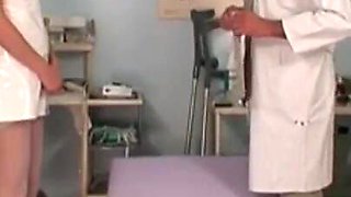 The gynecologist fucks his blonde nurse who loves to masturbate with big dicks