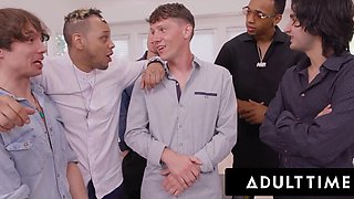 Group sex with a blonde ended with a hard fuck on the couch and moans of pleasure