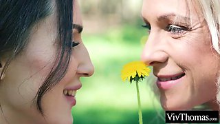 Sexy blonde and hot brunette kiss in the forest, and get intimate indoors: Porn