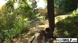 Hot blonde MILF has a threesome at the park