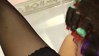 Two sexy lesbian shares one huge cock and does anal fuck in the kitchen