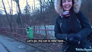 Brunette babe agrees to fuck with a stranger in his car POV