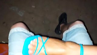Hot stepmom in heels teases stepson with public footjob outdoors