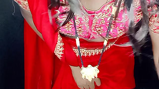 Indian stepmom celebration karwachauth wearing red saree and red bra panty