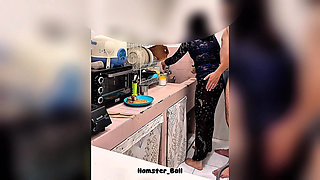 Almost Caught, Cheating Maid While Cooking in the Kitchen