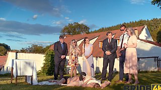 Andrea’s shaved pussy gets licked by her new husband on their wedding day