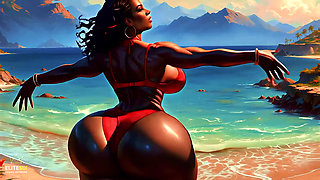 4K 100% AI Generated 3D Soft Looping PMV: Dark-Skinned Thick Ass Gentle Twerk on Tropical Beach in Sexy Bikinis