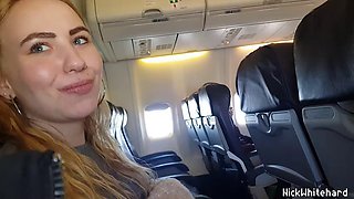 Real Public Airplane! Jerk off , Suck my cock ! Shows boobs