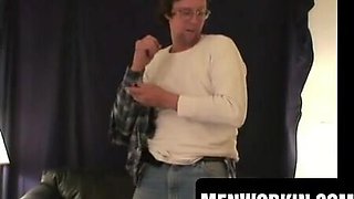 Glasses boy plays with his spear and ball sack solo