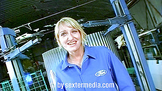 Tattoo MILF Garage Strip, Dildo Blowjob and Power Tools
