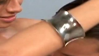 Small tits lesbians are kissing and fucking on the sofa