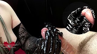 Slow and sensitive handjob with black latex gloves