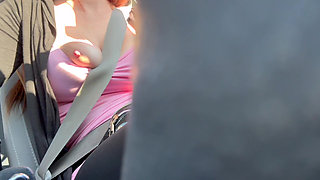 Italian Big Tits MILF Car Ride Flashing Horny Hard Nipples While Driving