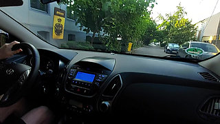 Stepmom is very horny in the morning and teases her stepson in the car in public