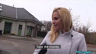 Hot blonde MILF with huge boobs fucks stranger for cash in public car ride