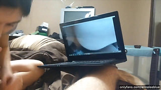 Amateur Wife Sucks and Jerks Cock While Watching Her Homemade Porn