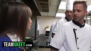 Hot Waitress Fucks Kitchen Crew with Her Big Tits and Tight Pussy - Blowjob & Doggy Style