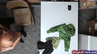 Busty blonde shoplifter Dakota Rain gets deepthroated and fucked hard by security