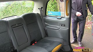 Busty British milf fucks news reporter on the backseat - girl faux cab